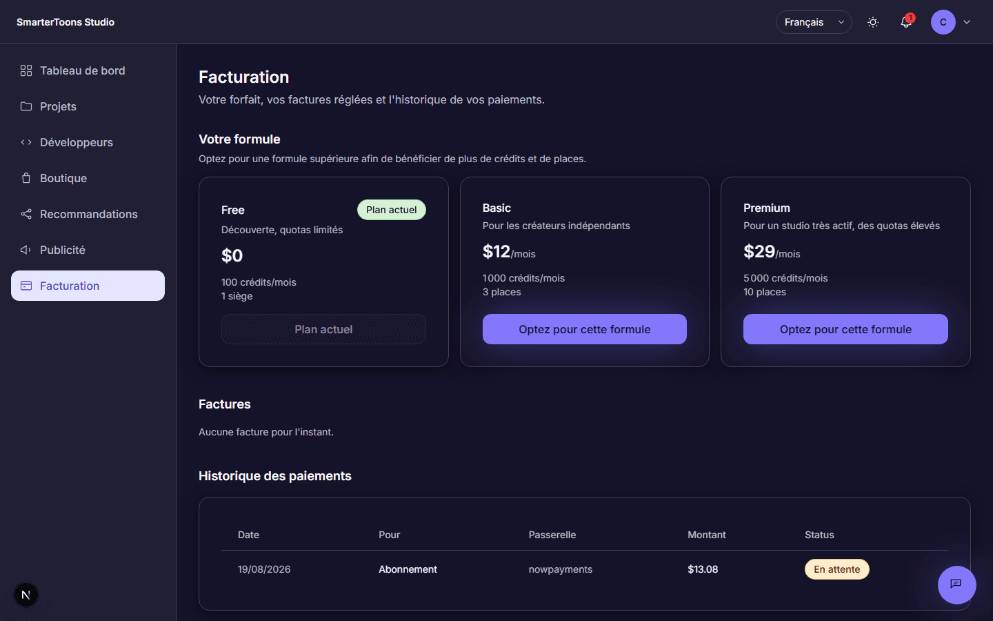 La pagina "Fatturazione" che mostra le schede relative ai piani Free, Basic e Premium, con il piano Free contrassegnato come piano attuale.