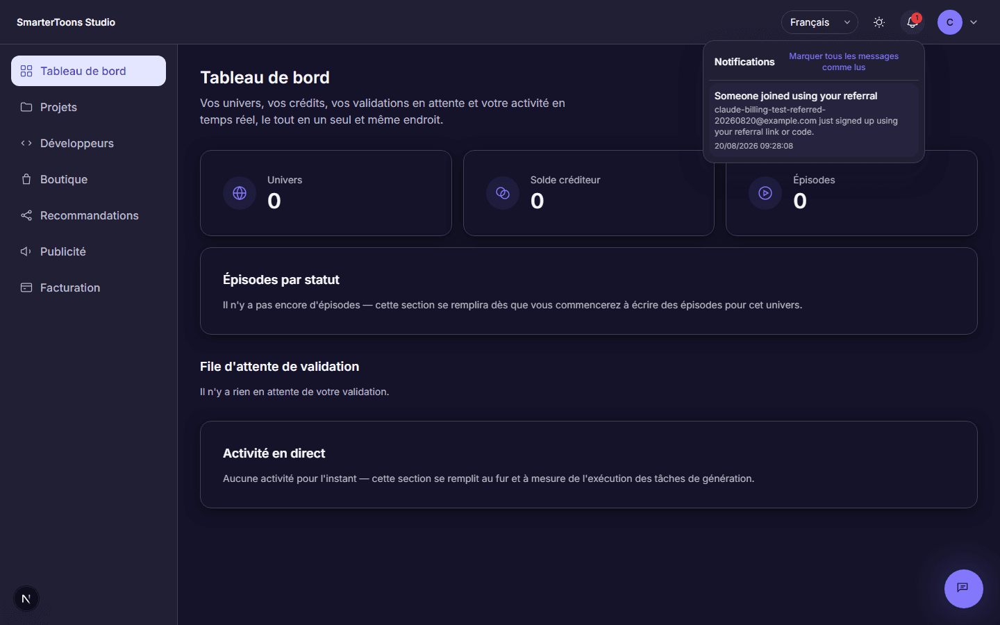 Il menu a tendina della campana delle notifiche si apre, mostrando una notifica non letta relativa alla registrazione di un nuovo utente tramite referral.