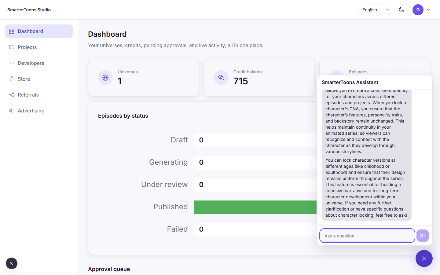 チャットパネルに表示された「SmarterToons」のアシスタントが、キャラクターのロックに関する質問に答えています。